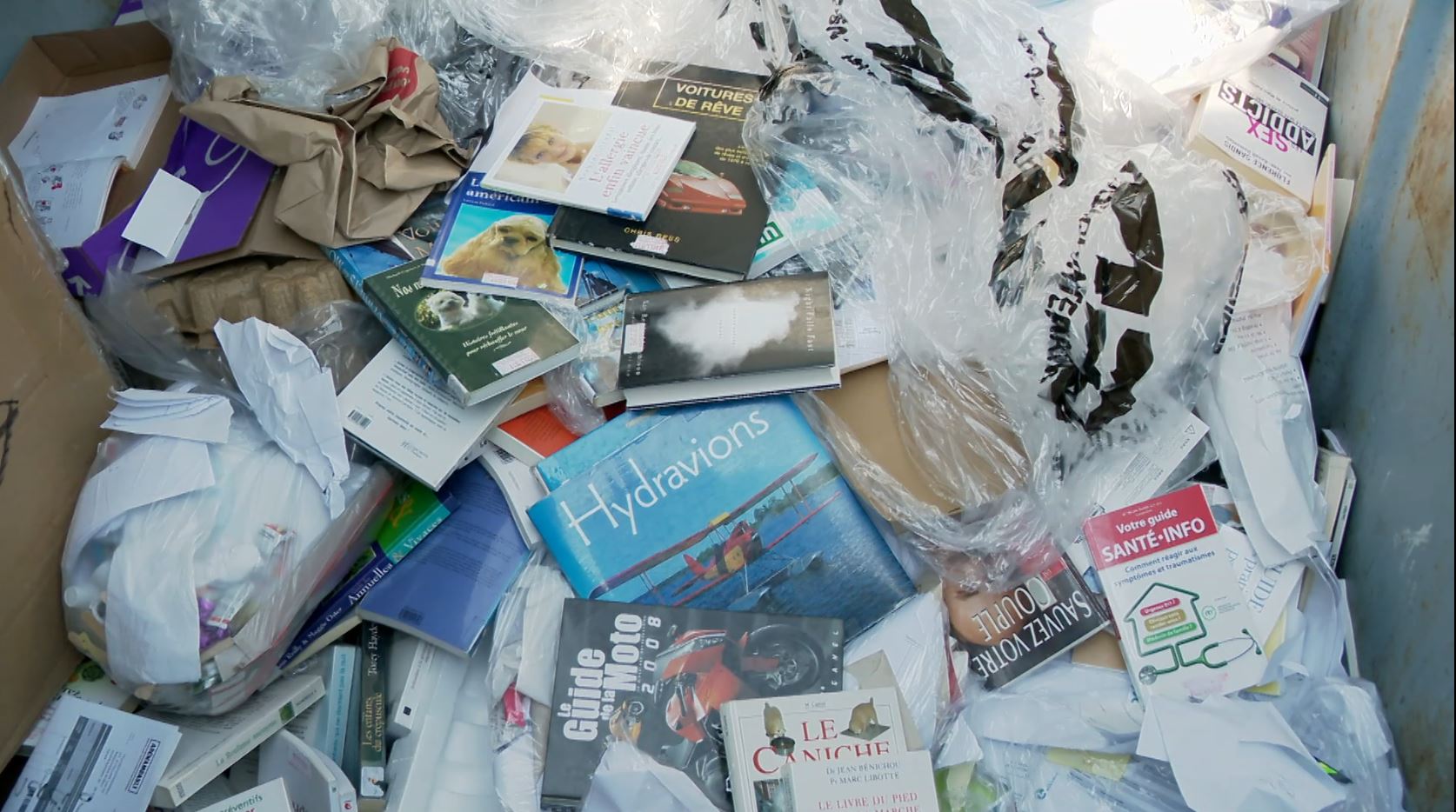 Thousands of old books were disposed of for recycling.